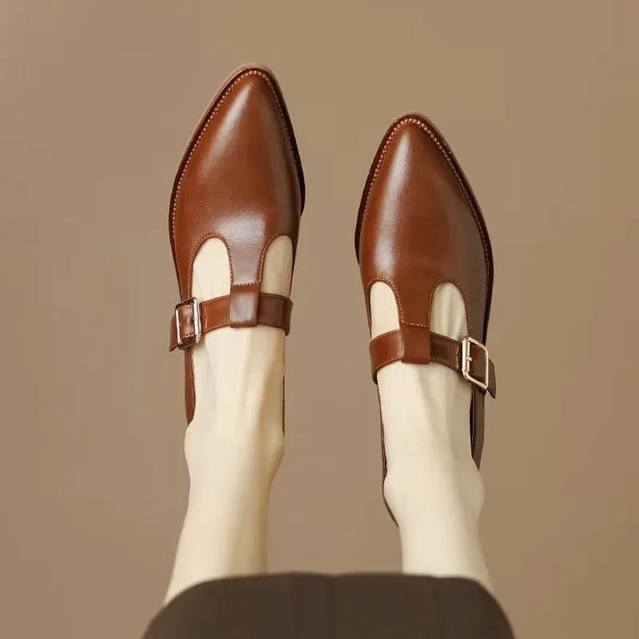 Women's elegant black pointed toe T-strap block heels. Comfortable dress shoes for special occasions.