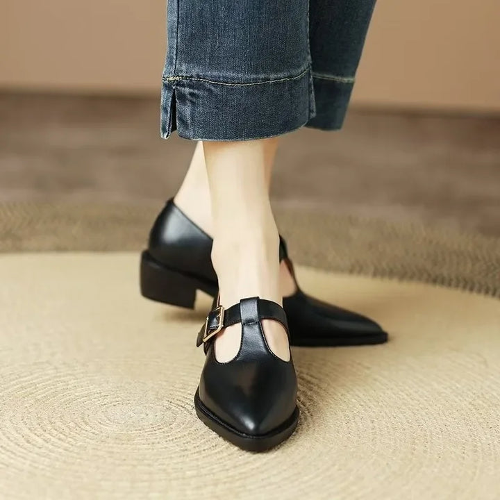 Sophisticated women's pointed toe heels with T-strap and sturdy block heel for all-day comfort.