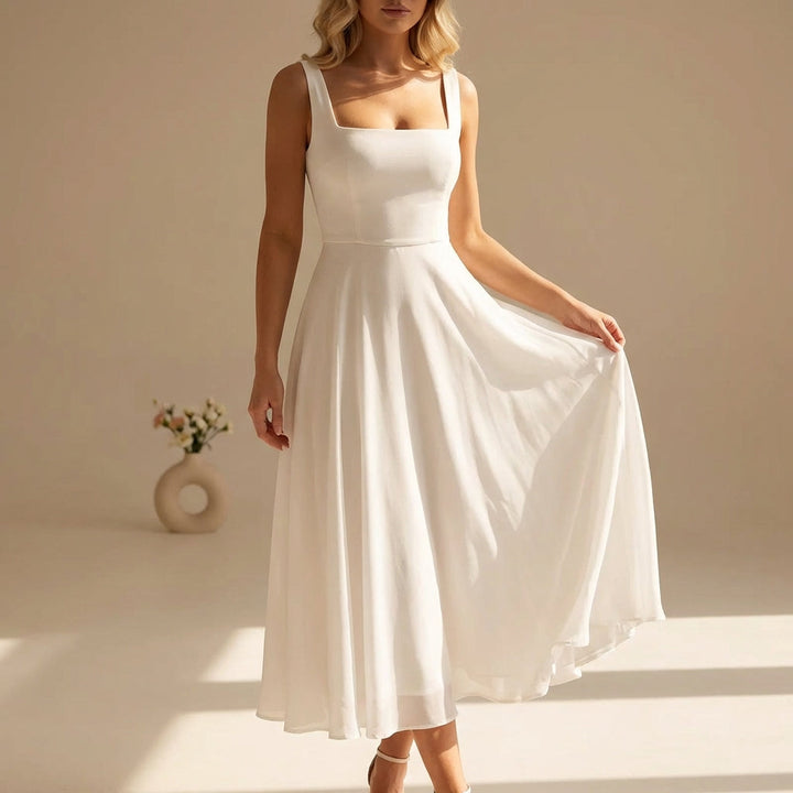 Women's elegant black square neck midi dress, sleeveless, perfect for summer casual or party wear.