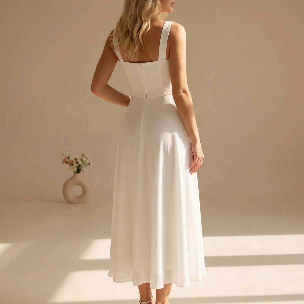 White elegant square neck midi dress for women, sleeveless, ideal for summer holidays & parties.