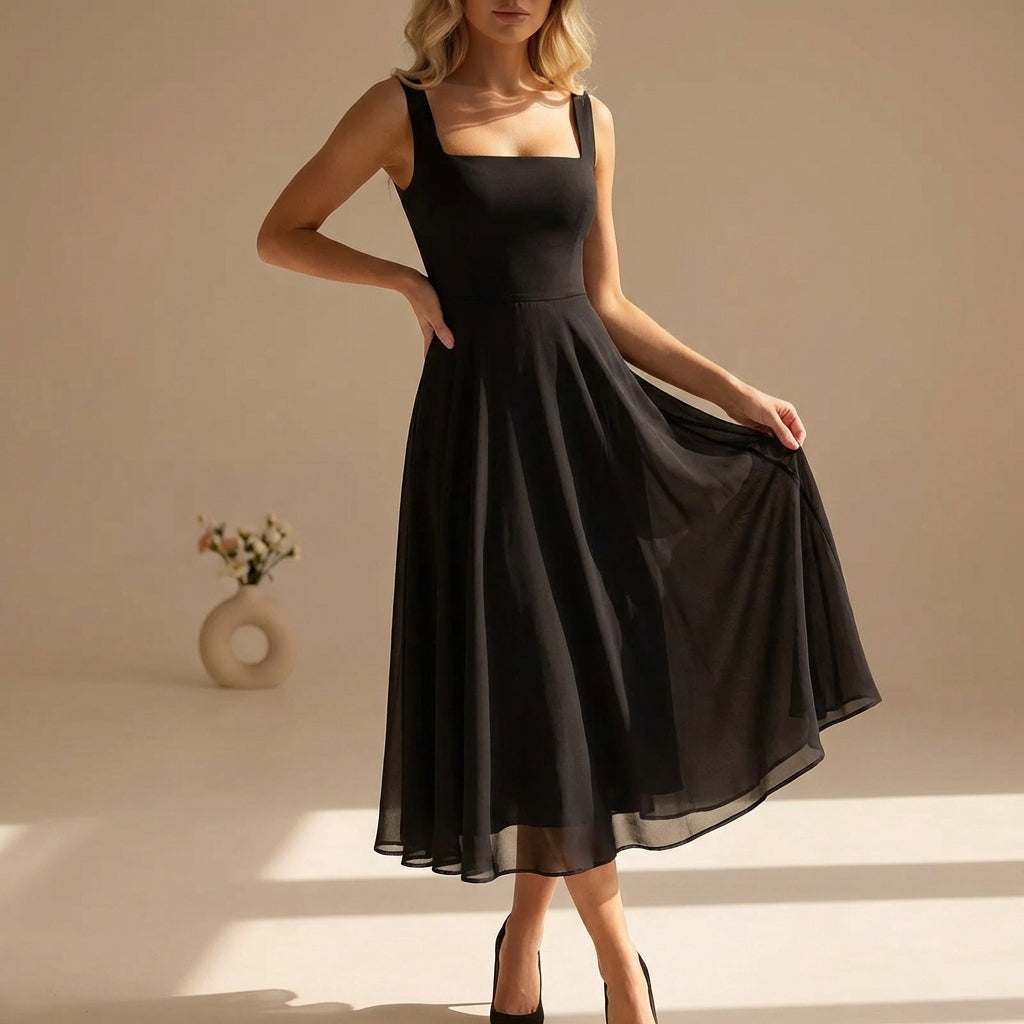 Sleeveless square neck midi dress for women, a comfortable & stylish summer dress for any occasion.