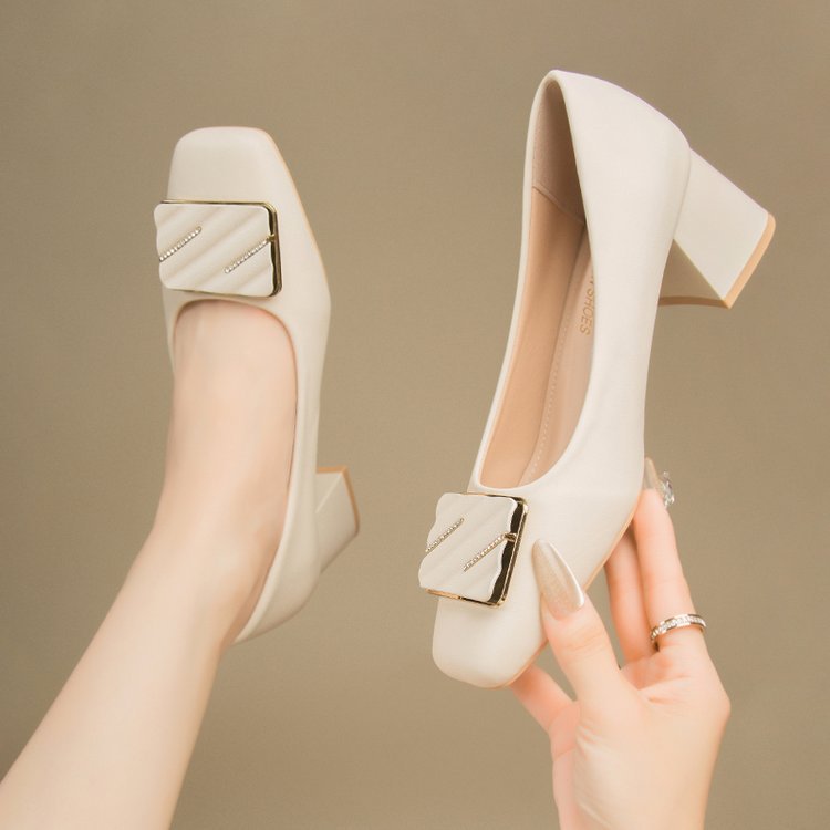 Women's elegant black square toe pumps with stylish buckle detail and comfortable block heel for formal wear.