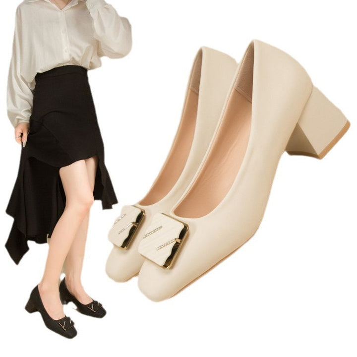 Side view of women's sophisticated square toe block heel pumps, showcasing a sleek profile and elegant design.