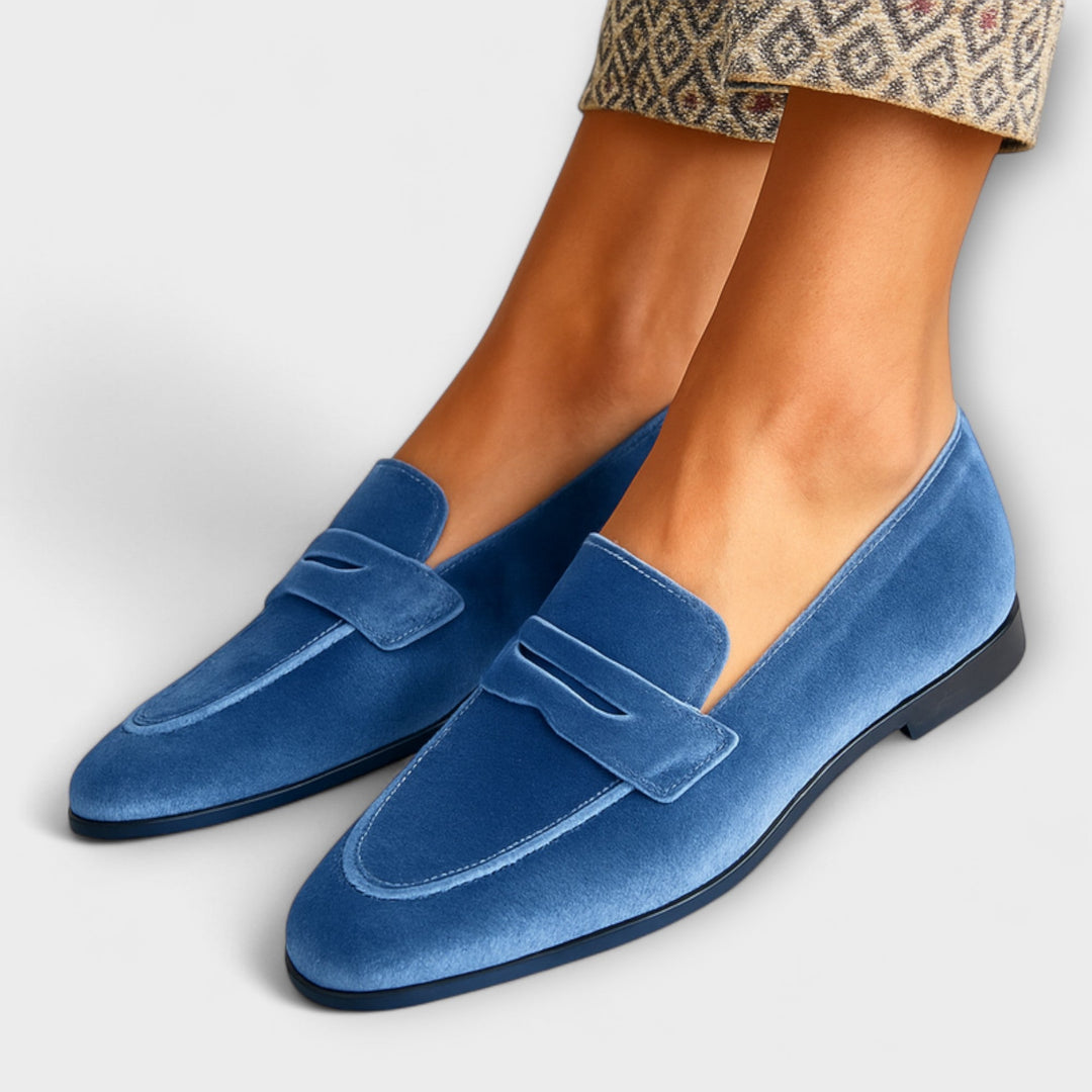 Women's elegant black velvet slip-on penny loafers, comfortable flat shoes for fashion