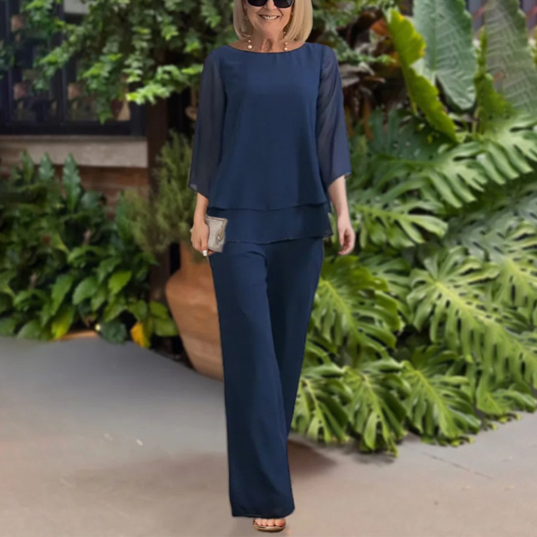 Women's elegant blue two-piece pants set, perfect for summer casual chic fashion or comfortable loungewear.