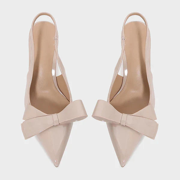 Women's elegant bow slingback pointed toe stiletto heels for formal wear and evening parties.