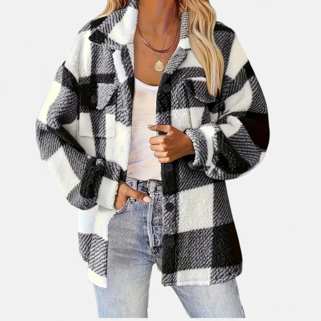 Women's elegant checkered plush winter jacket, warm and stylish outerwear.