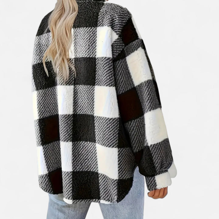 Women's elegant checkered plush jacket, warm winter outerwear for fashion.