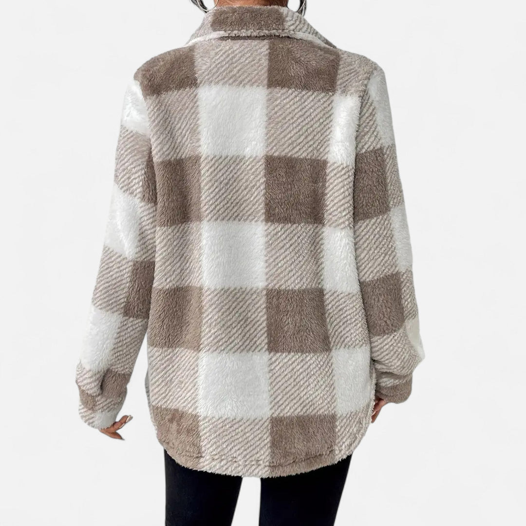 Fall/winter women's elegant plush checkered jacket, cozy and warm outerwear.
