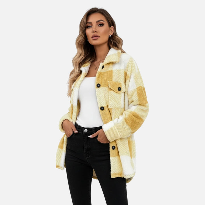 Cozy women's plush checkered winter jacket, elegant and warm fall outerwear.