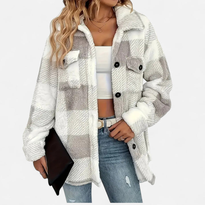 Elegant women's checkered jacket, plush outerwear for stylish winter fashion.
