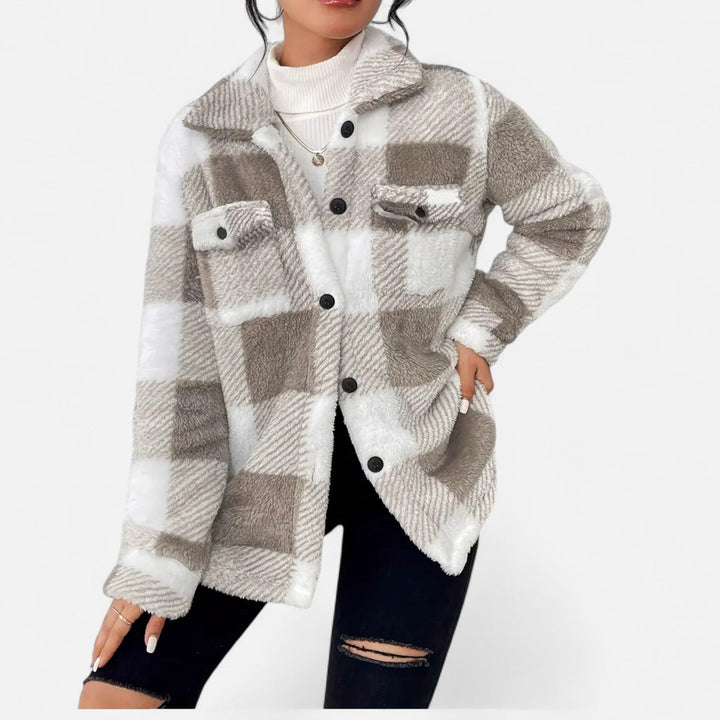 Plush checkered winter jacket for women, soft and warm elegant outerwear.
