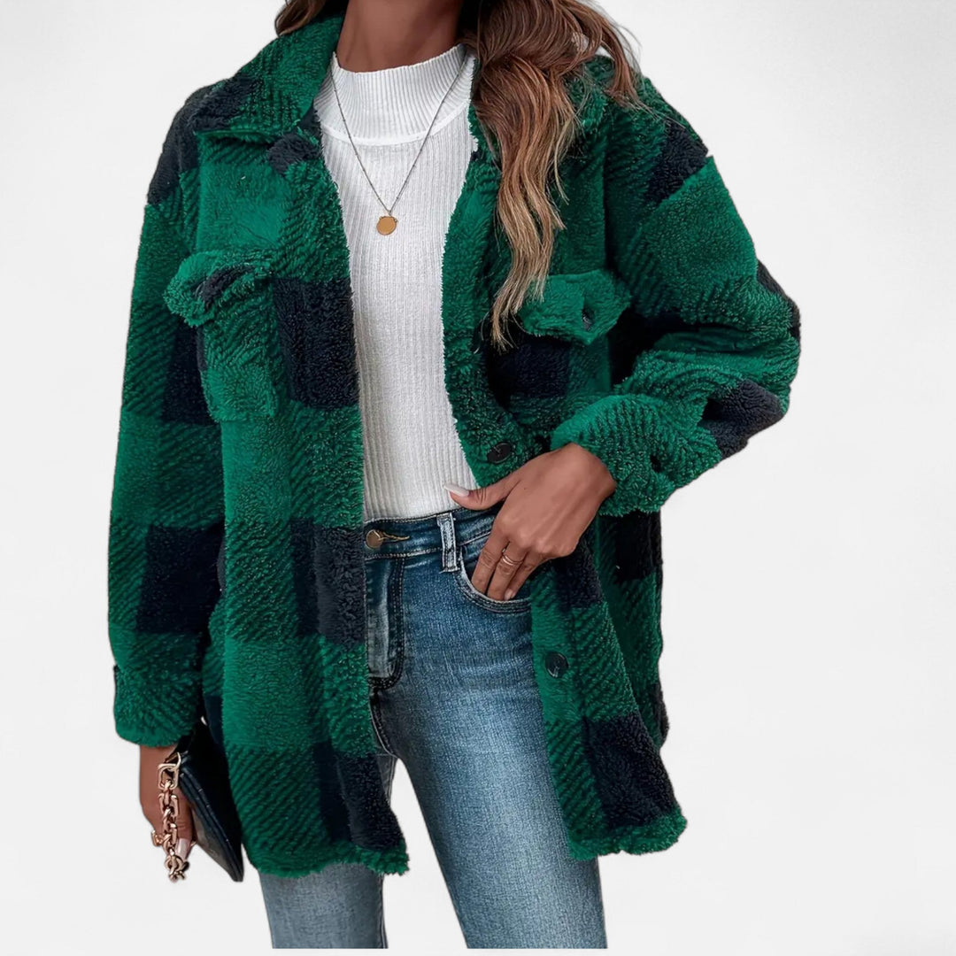Warm women's checkered plush jacket, perfect elegant outerwear for fall & winter.
