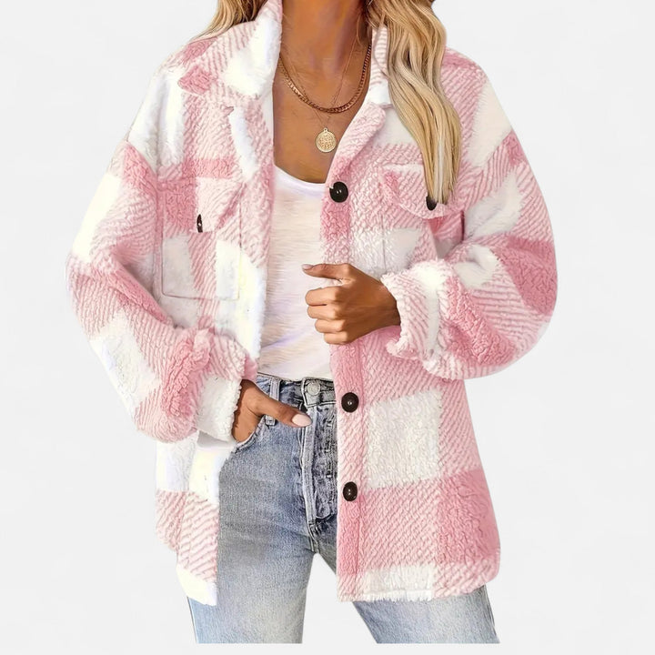 Stylish checkered plush winter jacket for women, elegant & cozy fall outerwear.