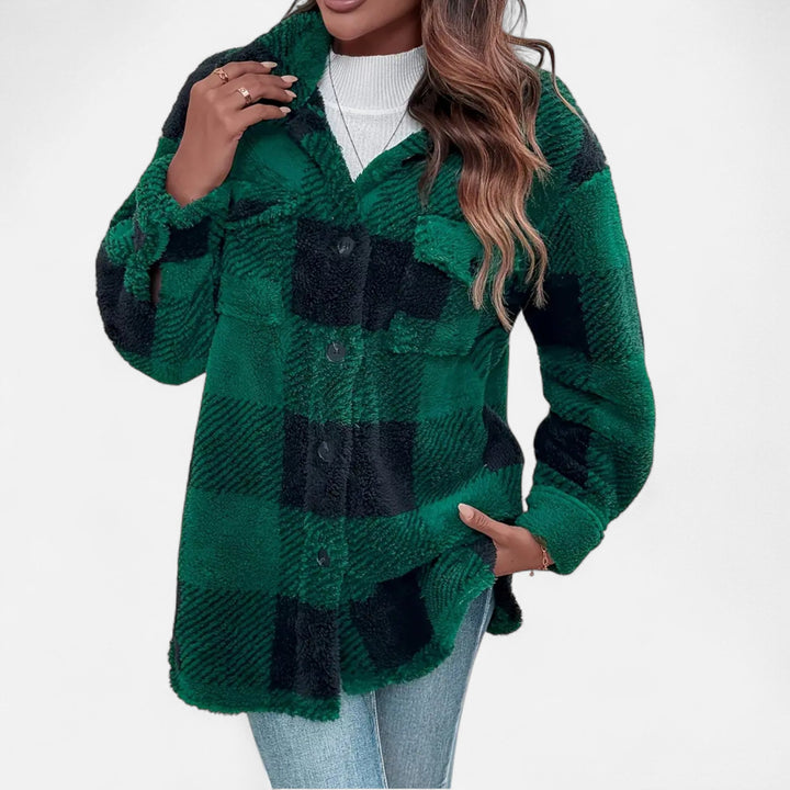 Ultra-soft women's plush checkered jacket, warm and elegant winter outerwear.