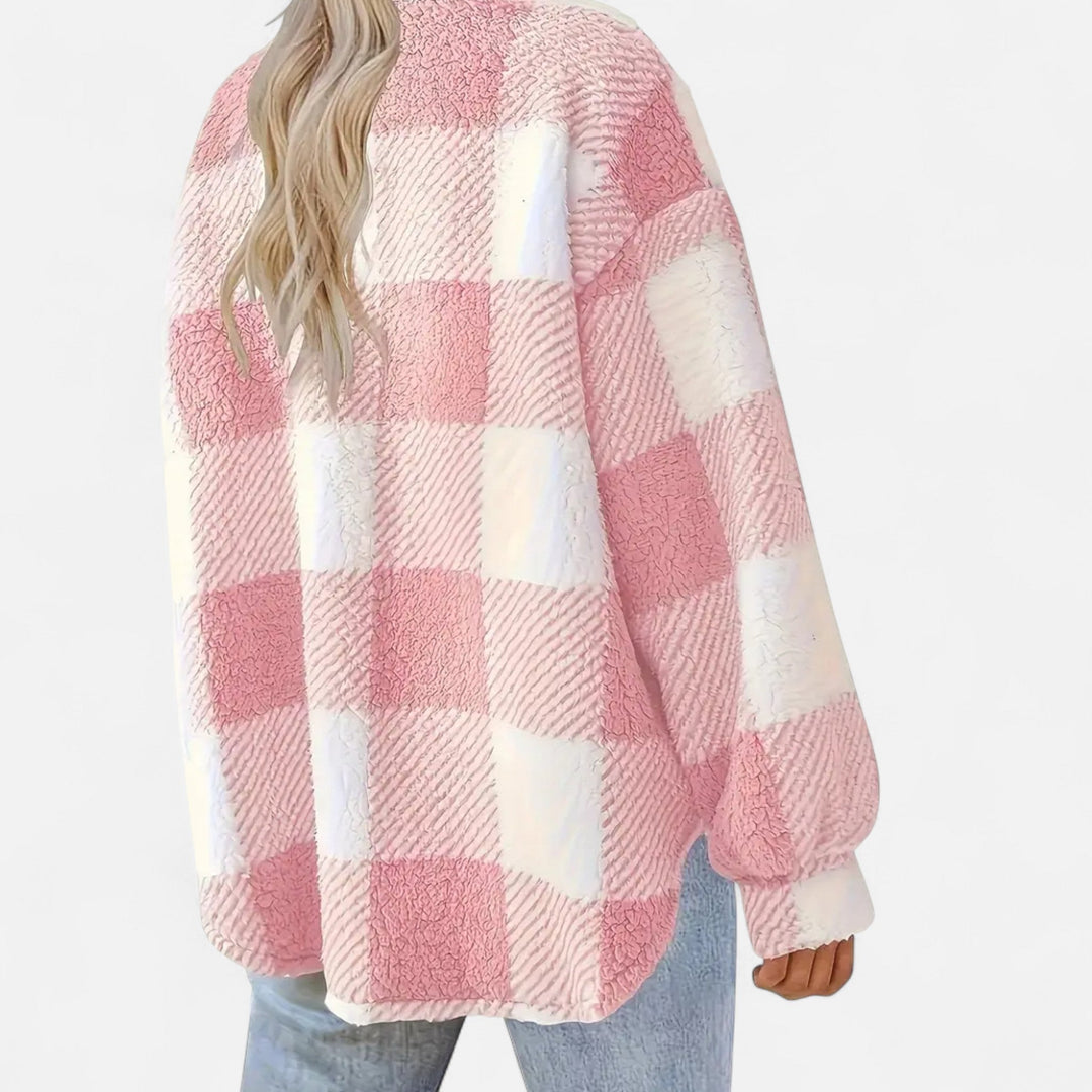 Elegant women's checkered plush winter jacket, a warm and fashionable choice.