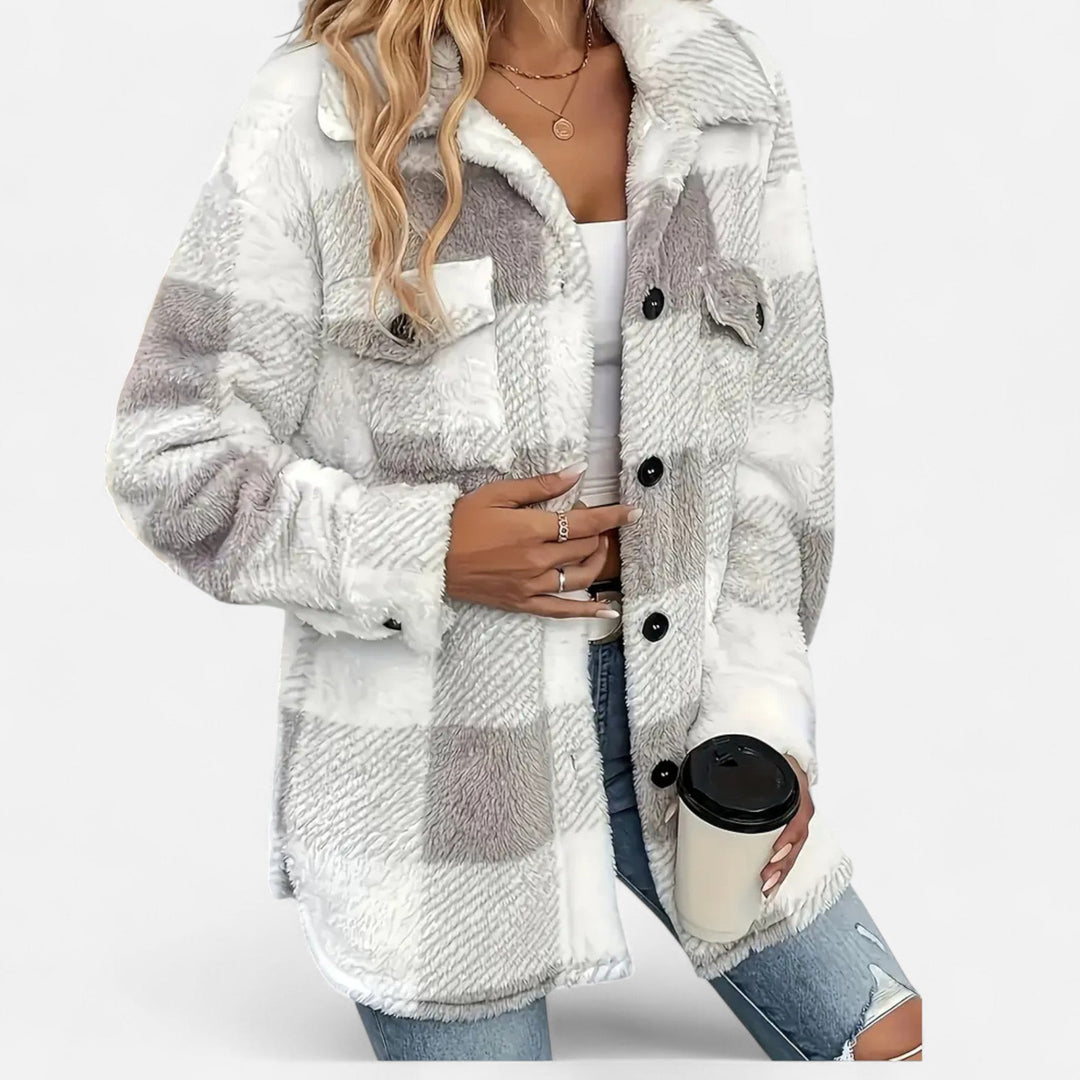 Distinctive checkered plush women's winter jacket, elegant and cozy for cold weather.