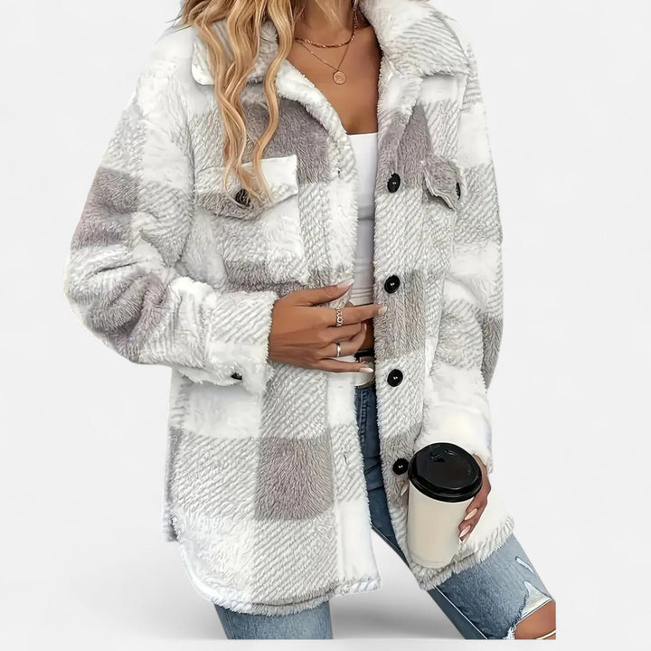 Distinctive checkered plush women's winter jacket, elegant and cozy for cold weather.