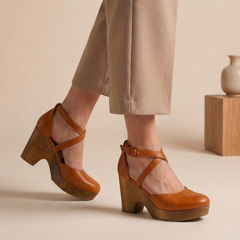 Stylish women's closed-toe platform wedge heels, featuring an ankle strap. Perfect comfortable summer footwear.