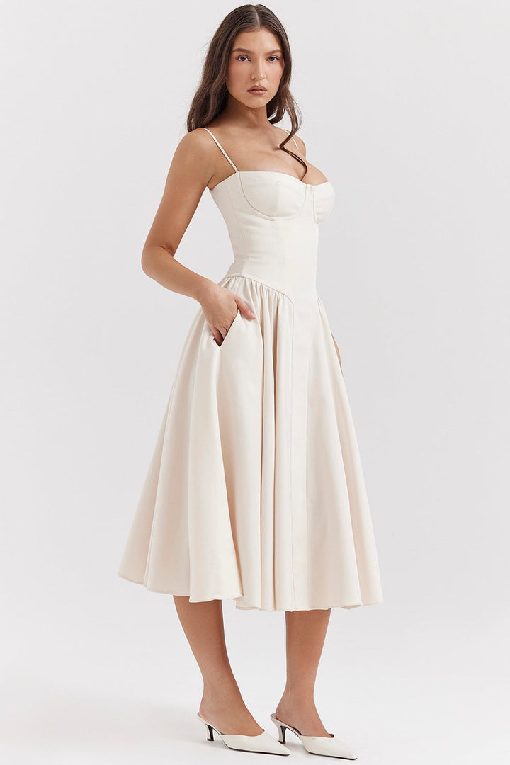 Elegant women's midi dress featuring a stylish corset bodice and adjustable straps for a perfect fit.