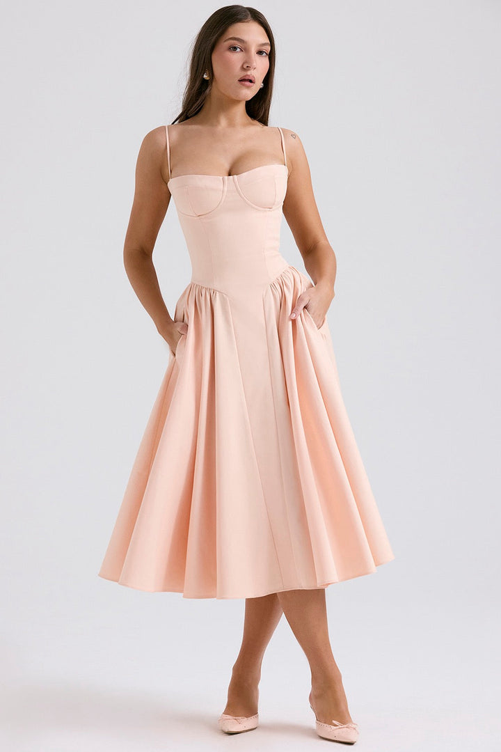Sophisticated women's formal midi dress with corset detailing, ideal for parties & evening events.