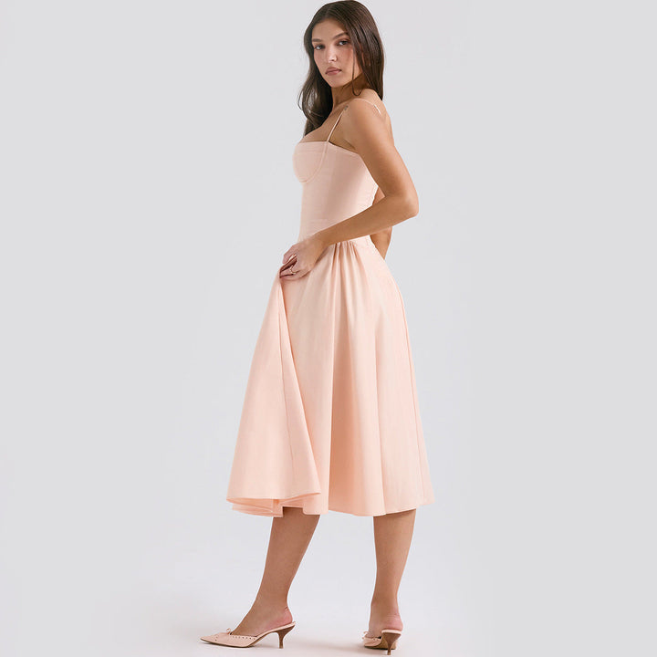 Timeless women's elegant corset midi dress, perfect for spring, summer, or evening wear.