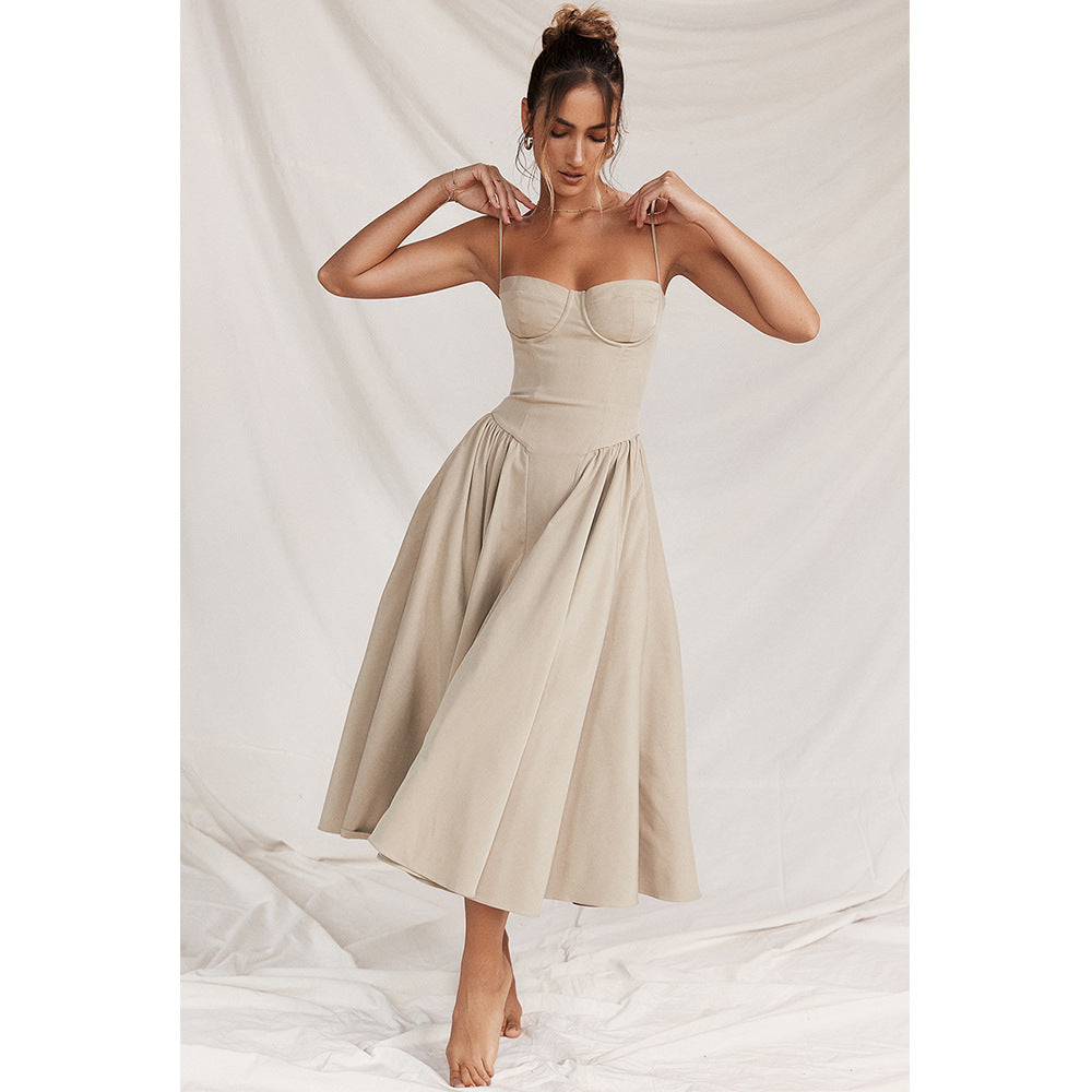 Beautiful women's elegant midi dress with a structured corset and graceful flow, perfect for formal wear.
