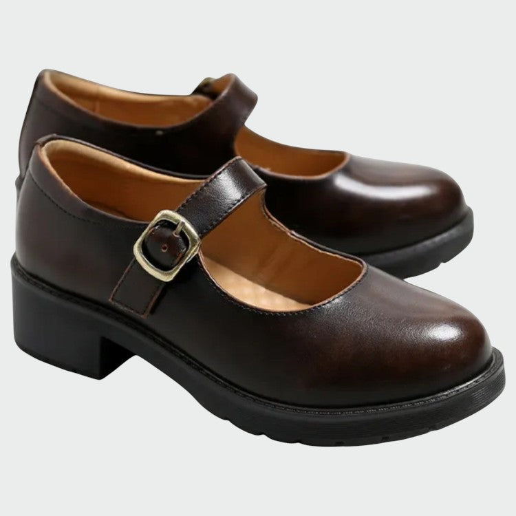 Women's elegant dark brown Mary Jane block heel shoes, comfortable and classic for versatile wear.