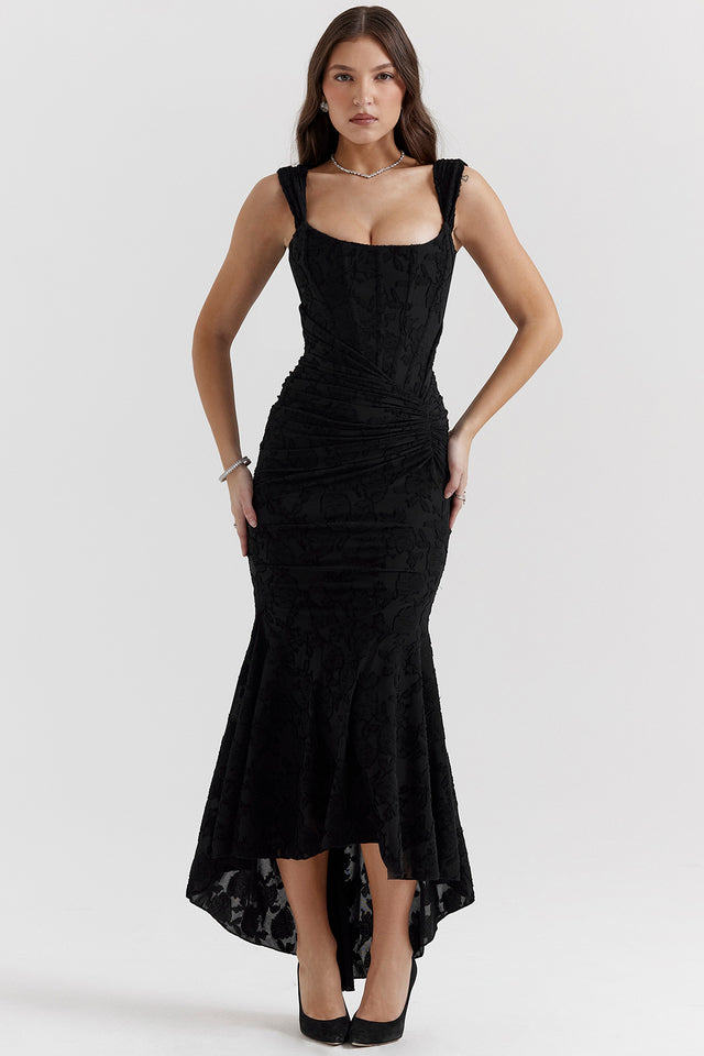 Versatile women's party dress, elegant draped corset design, dramatic high-low hem.