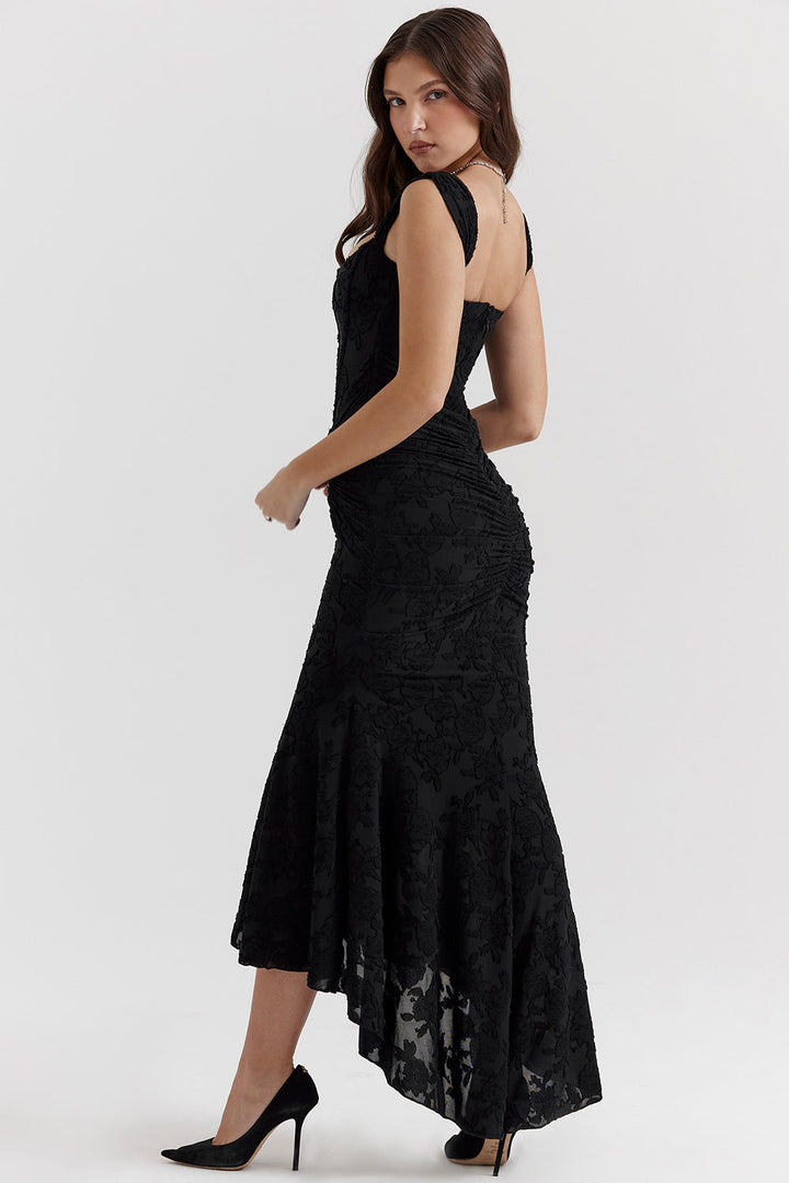 Sophisticated women's formal evening gown with a flattering draped corset and high-low hem.