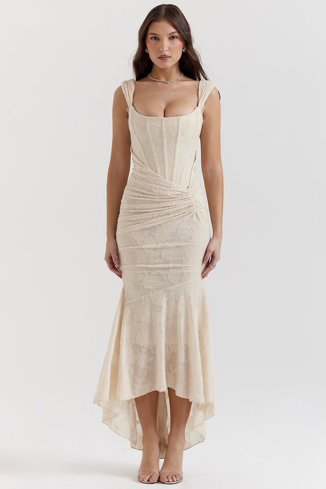 Draped corset maxi dress for women, ideal for special occasions, features high-low hem.