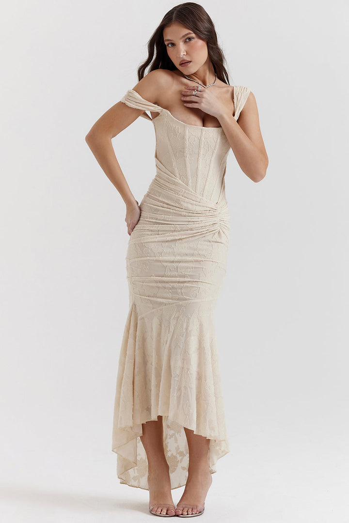 Women's fashion: elegant high-low hem corset gown, draped details, perfect for events.