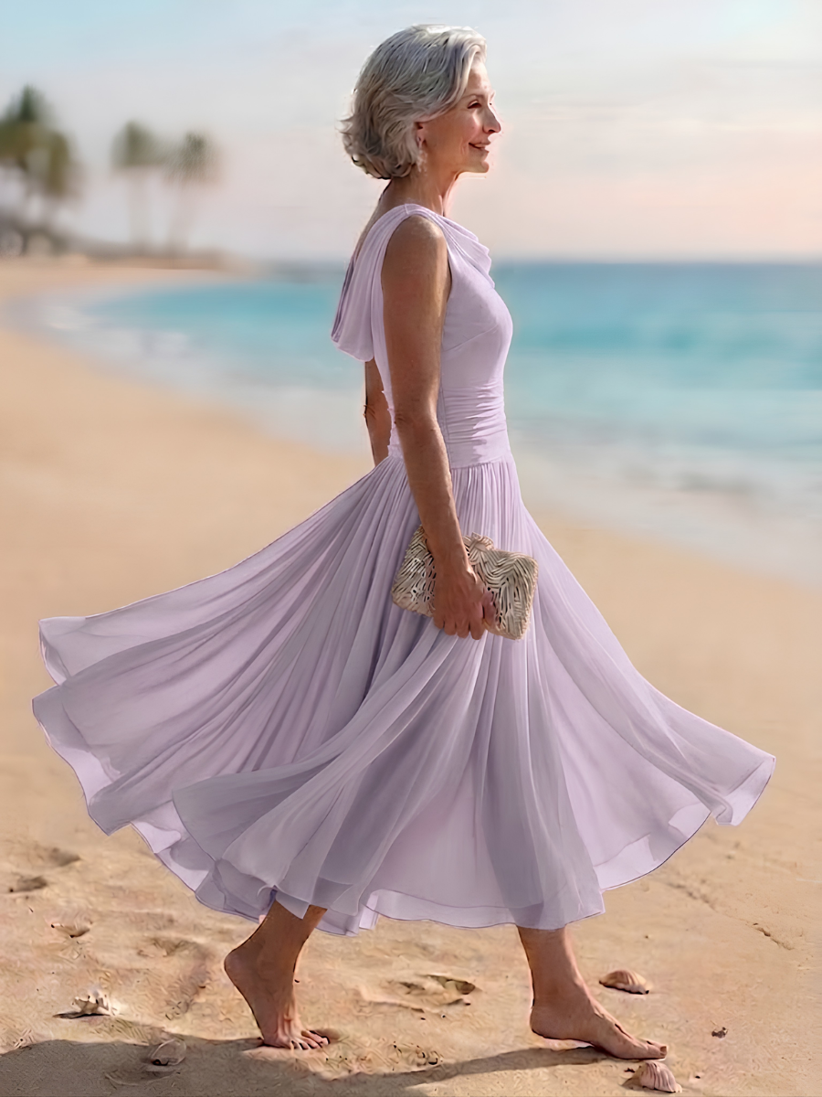Fashionable women's midi dress, elegant draped neck, sleeveless, and a graceful pleated A-line skirt design.