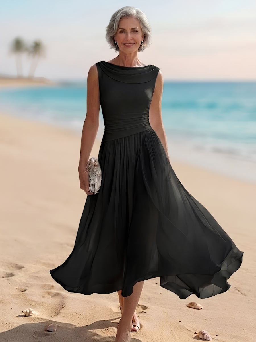 Chic women's pleated A-line midi dress, sleeveless with a beautiful draped neckline, ideal for parties.
