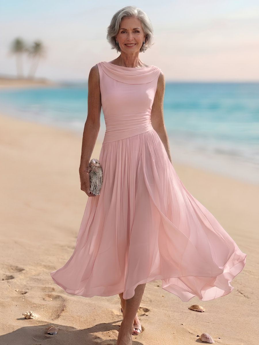 Formal women's midi dress with draped neck, sleeveless design, and pleated A-line skirt, party-ready.