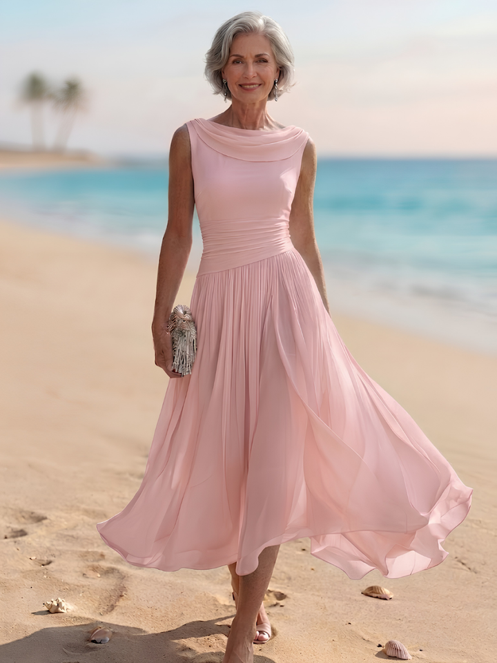 Formal women's midi dress with draped neck, sleeveless design, and pleated A-line skirt, party-ready.