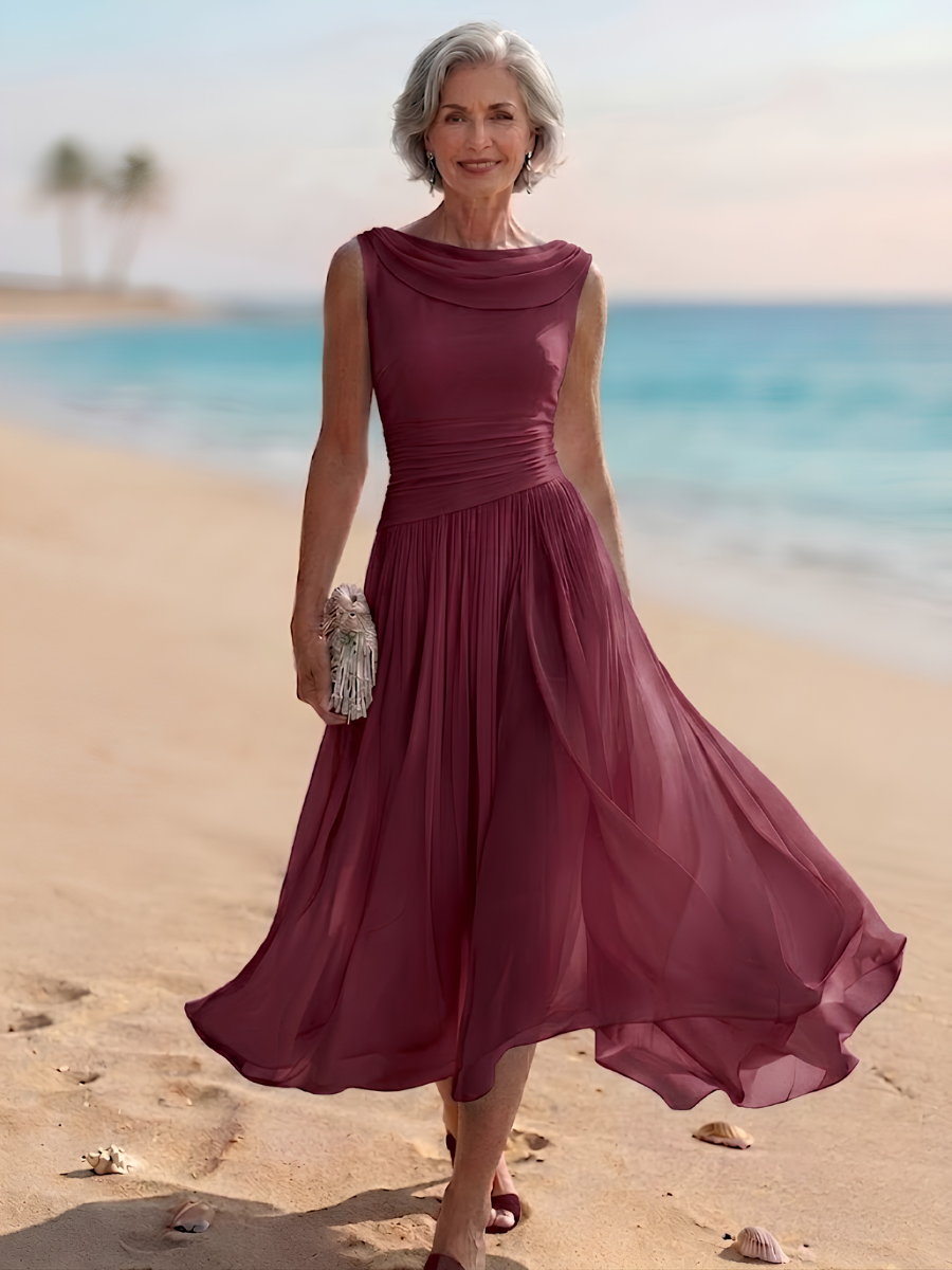 Elegant women's pleated A-line midi dress with a sophisticated draped neckline, sleeveless for comfort.