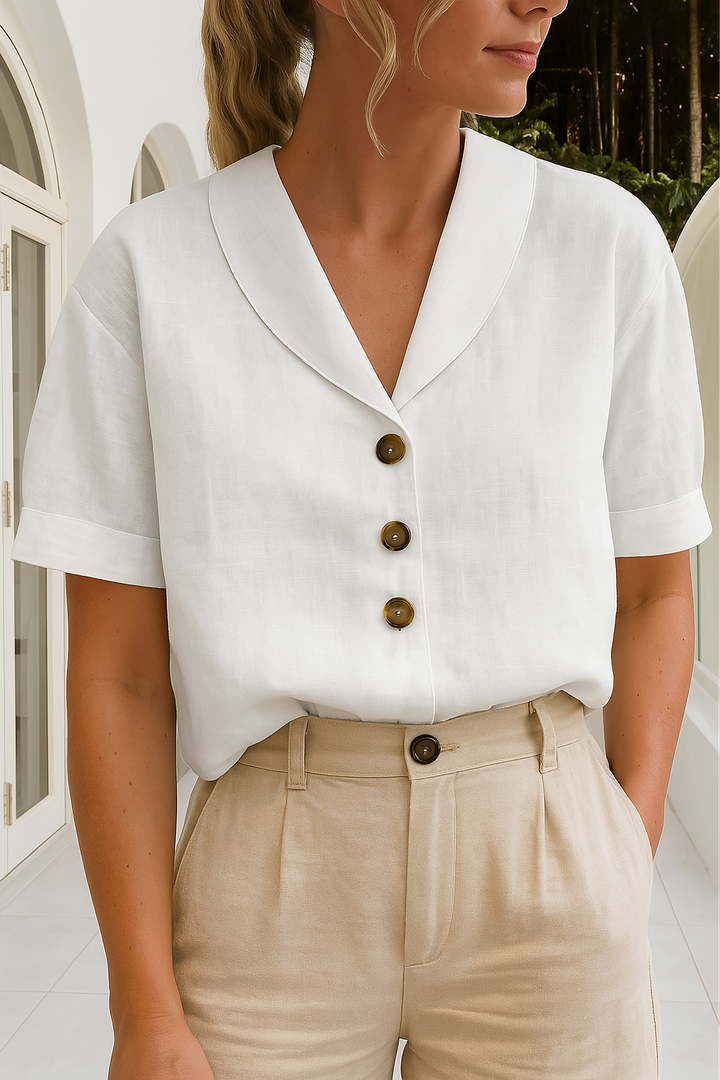 Women's elegant everyday cotton-linen shirt with button details & envelope neckline. Relaxed fit ladies top.