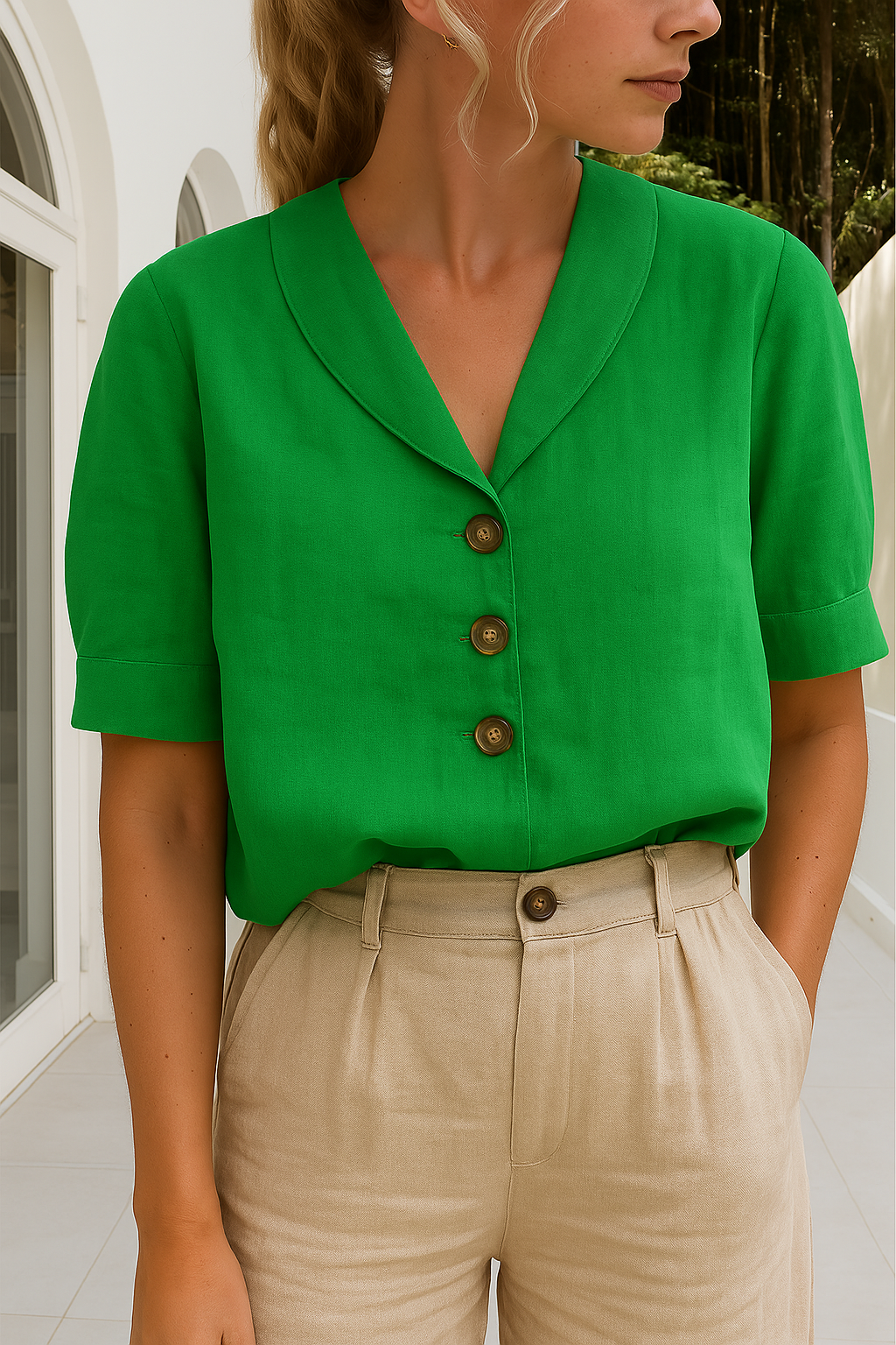 Chic cotton and linen ladies' shirt. Elegant yet casual top with refined button details for versatile daily fashion.