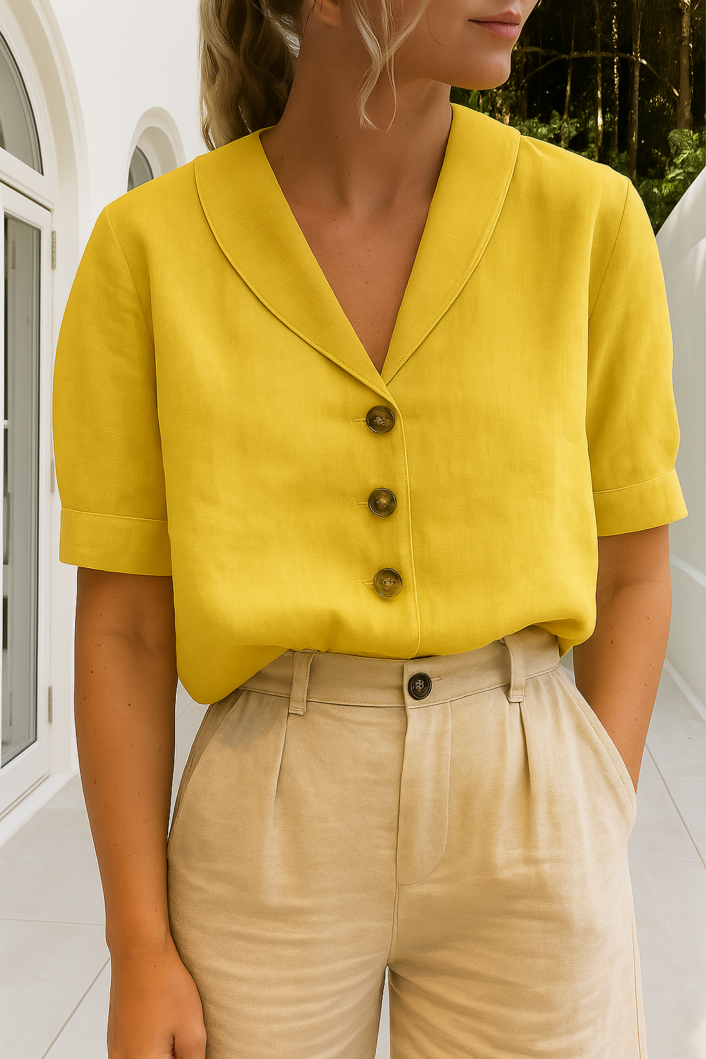 Versatile elegant women's cotton-linen shirt, perfect for daily wear. Features refined button details and a chic relaxed fit.