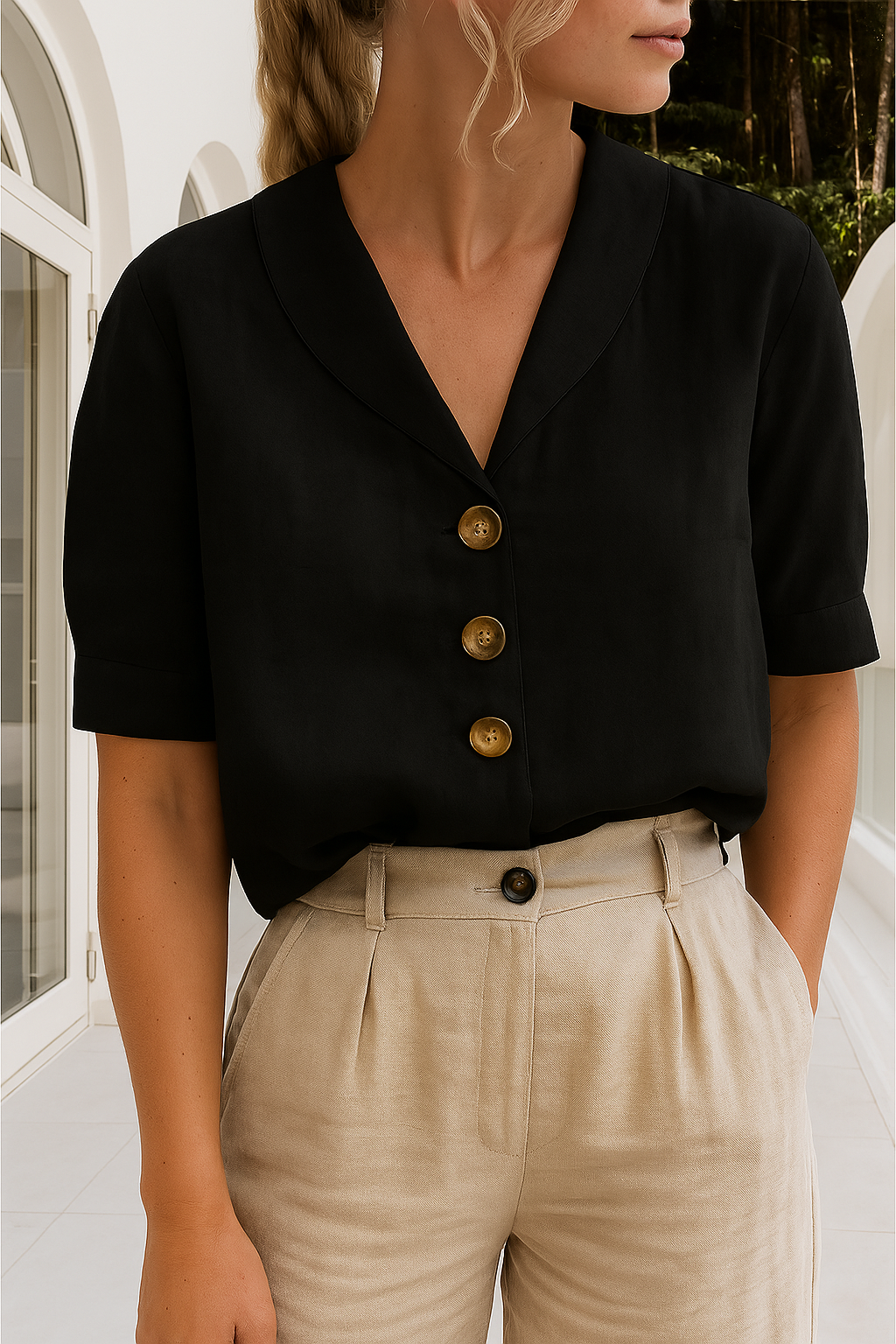 Ladies' sophisticated cotton-linen blend shirt. Casual elegant top with unique button details & a comfortable relaxed fit.
