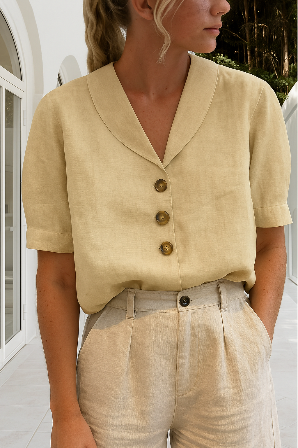 Everyday chic women's shirt in cotton-linen. Elegant ladies' top with refined button details & an envelope neckline for versatile style.