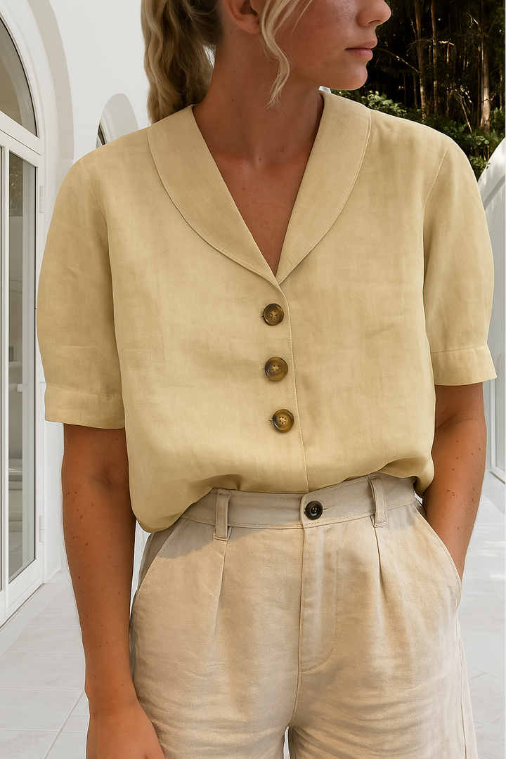 Everyday chic women's shirt in cotton-linen. Elegant ladies' top with refined button details & an envelope neckline for versatile style.