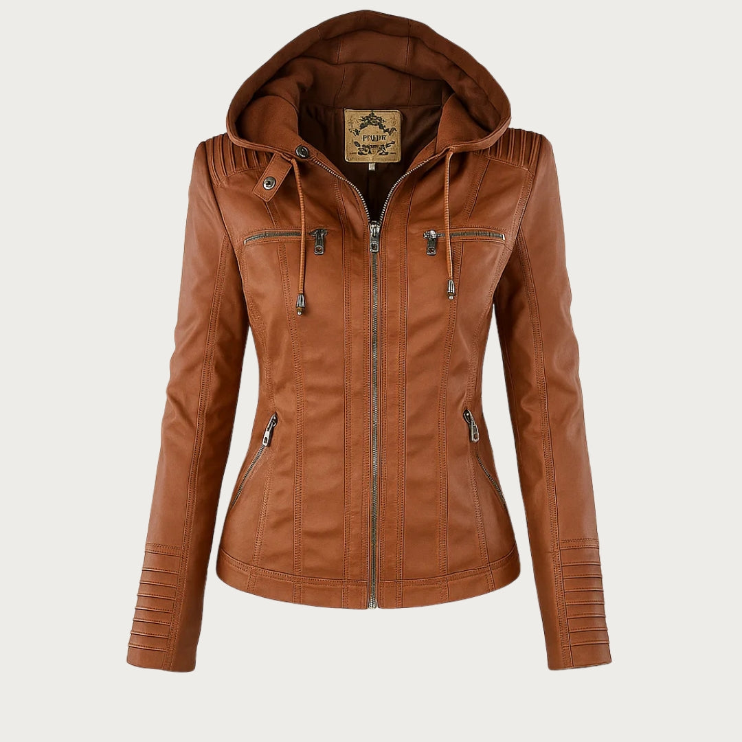Women's elegant faux leather jacket in light brown, perfect for spring fashion 2024