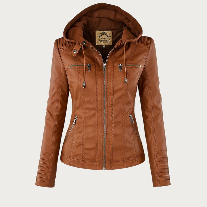 Women's elegant faux leather jacket in light brown, perfect for spring fashion 2024