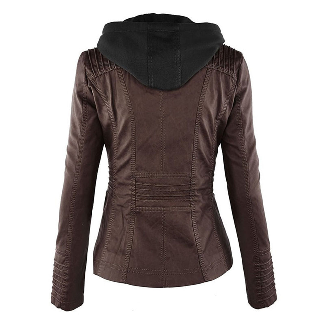 Black faux leather jacket for women, offering a sleek and edgy motorcycle vibe