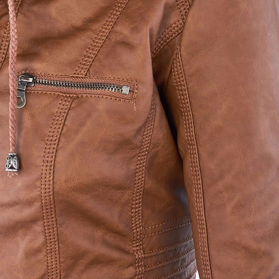 Dark brown women's faux leather jacket, essential for a stylish autumn fashion wardrobe