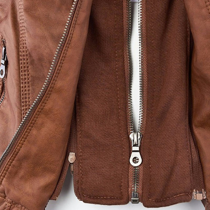 Fashionable black women's faux leather jacket, perfect for layering or as a stand-alone