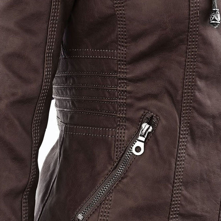 Elegant women's dark brown faux leather jacket, a key piece for transitional weather