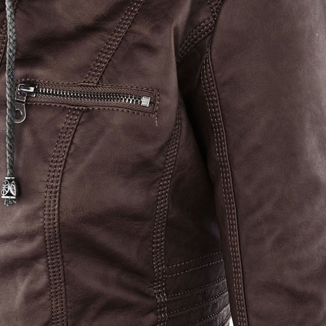 Trendy light brown women's faux leather jacket, capturing the essence of spring fashion